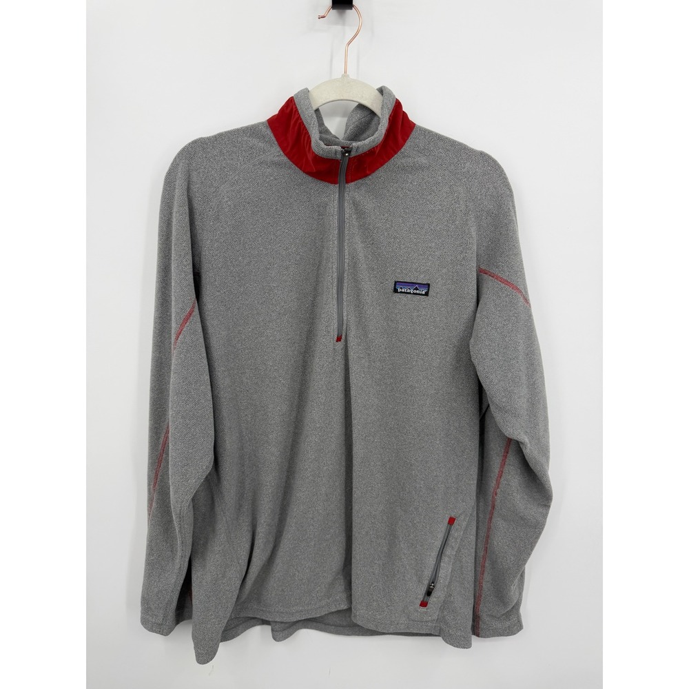 Patagonia pique fleece 1/4 Zip Pullover Mens Large Gray Red Contrast Trim 25755